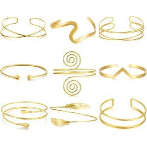 9PC Gold Arm Cuff Bangle Set for Women Adjustable Stylish Jewelry